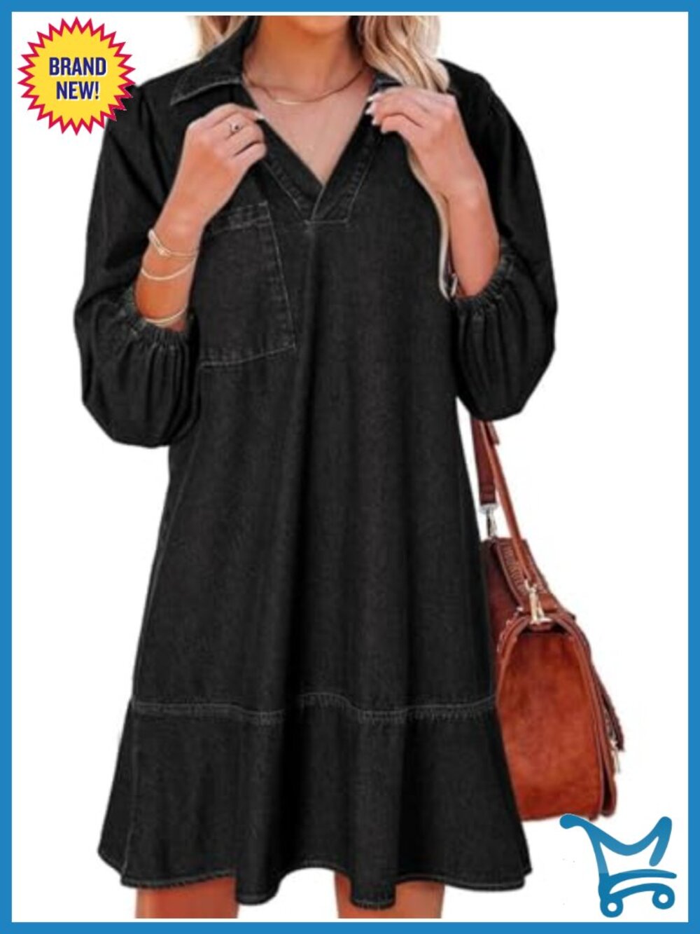 Women's Collared V Neck Denim Dress 3/4 Sleeve Casual Loose Babydoll Jean Dress